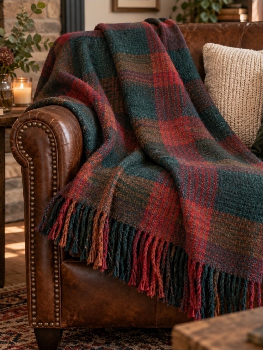 Classic 100% virgin Wool Plaid Throw Blanket in Teal and Burgundy 52 X 72